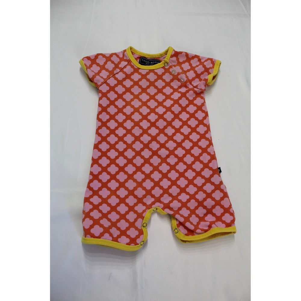 Toobydoo New York Baby Romper Orange Pink Clover Print 3-6M Short Sleeve Snaps